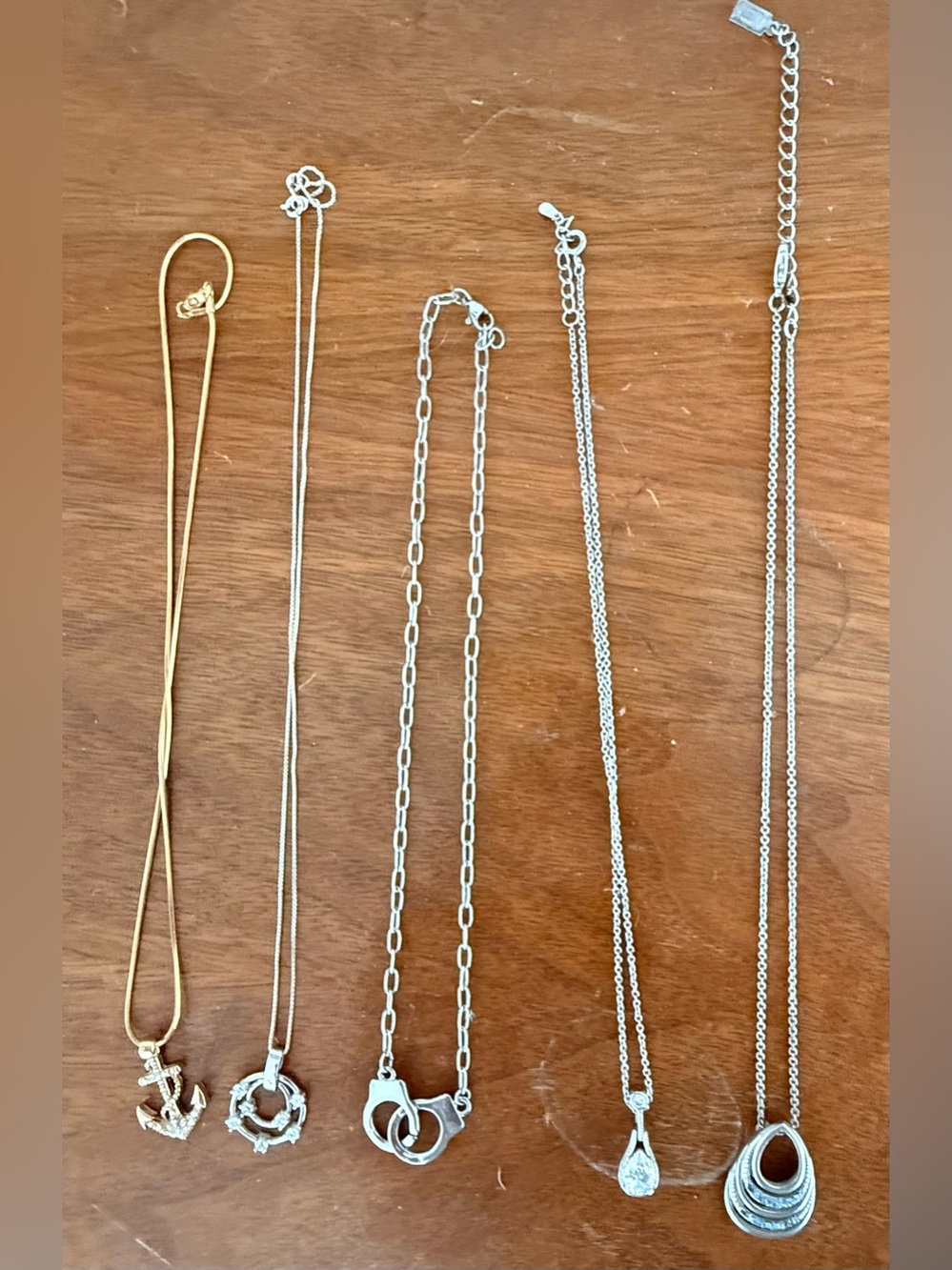 5-Piece Fashion Necklace Lot – Rhinestone, Anchor, Handcuffs & Pendant Necklaces